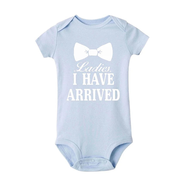 Ladies I Have Arrived Cravat Print Newborn Baby Boys Rompers Funny Announcement Bodysuits Short Sleeve Infant Jumpsuit Clothes