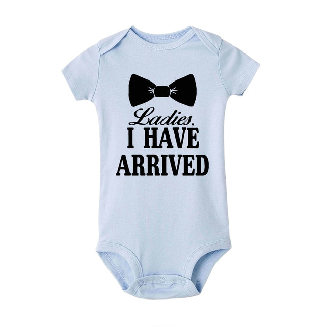 Ladies I Have Arrived Cravat Print Newborn Baby Boys Rompers Funny Announcement Bodysuits Short Sleeve Infant Jumpsuit Clothes