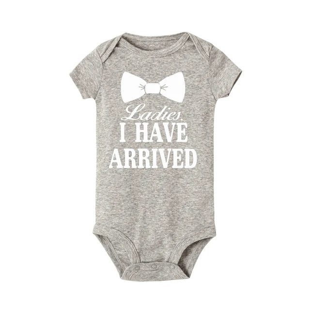 Ladies I Have Arrived Cravat Print Newborn Baby Boys Rompers Funny Announcement Bodysuits Short Sleeve Infant Jumpsuit Clothes