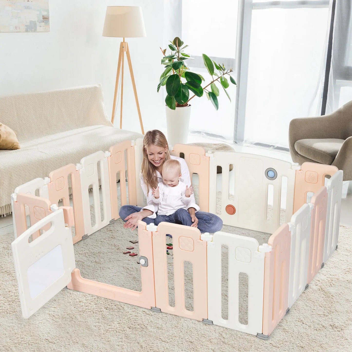 DORTALA 16 Panels Baby Safety Playpen Kids Foldable Toddler Safety Activity Play Center