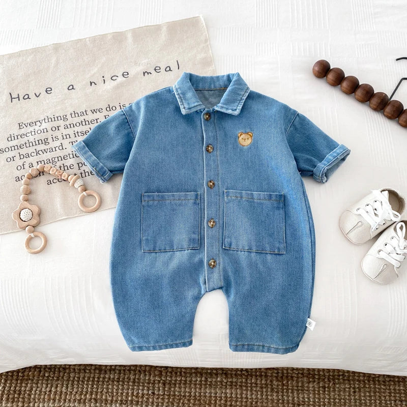 Korean Style Newborn Bodysuit Baby Jumpsuit Boy Girl Autumn Outdoors Bear Prints Denim Romper 0-2yrs