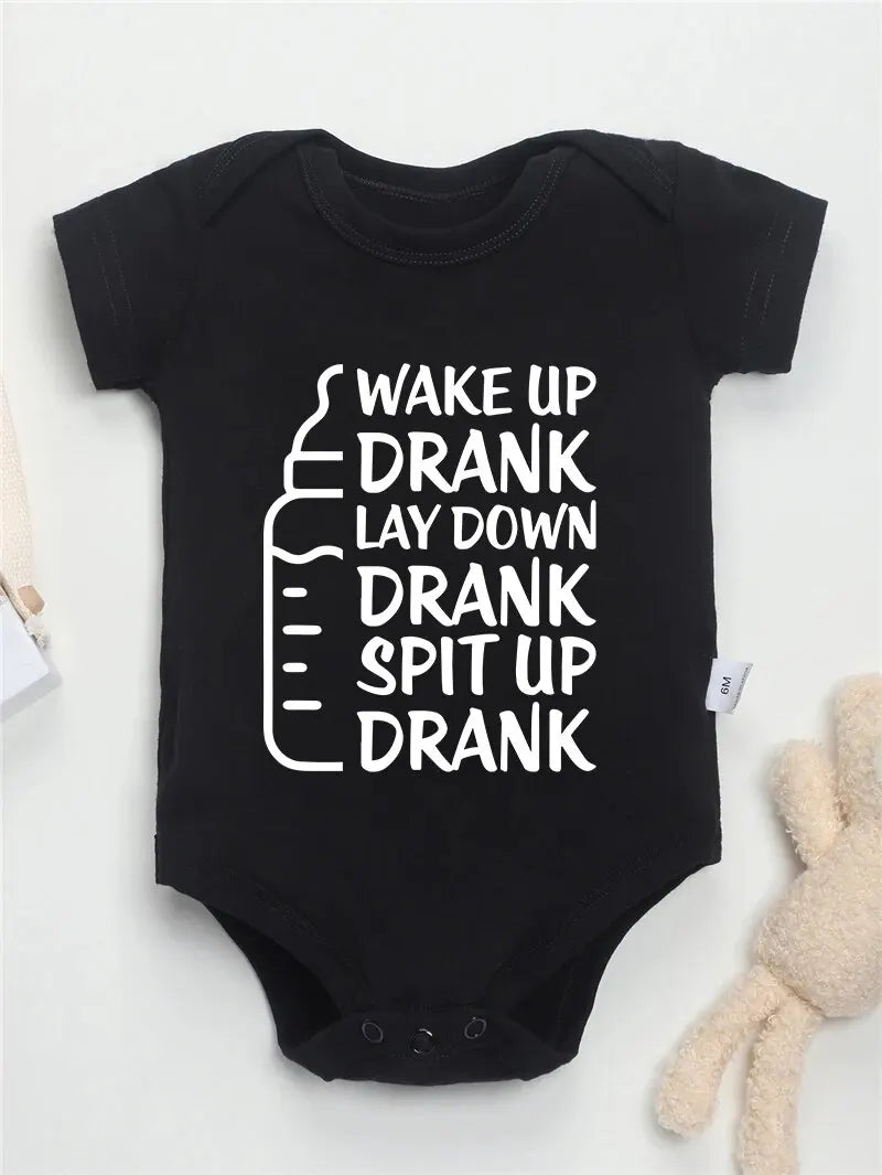 Baby Bottle Print Onesies Funny Casual Home Cotton Black Newborn Girl Boy Clothes Short Sleeve Round Neck Summer Infant Outfits