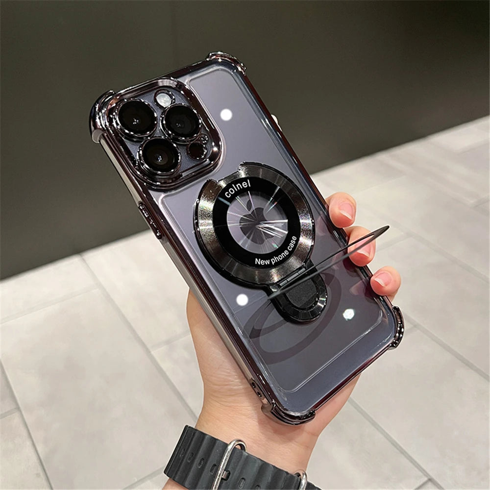 Luxury Plating Shockproof Magnetic Bracket For Magsafe Clear Case For iPhone With Holder Stand Cover