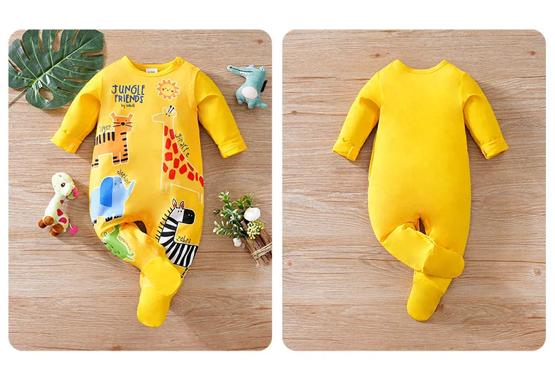 Infant yellow cute cartoon animal Print 0-12M Bodysuit Spring and Autumn comfort Long Sleeve Baby one-piece foot covered pajamas