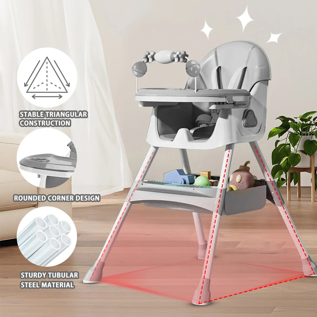 Foldable Baby High Chair 6 Months Plus, with Large Antislip Pad & ToyRack,