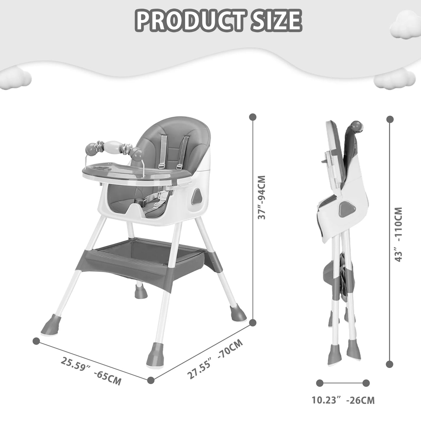 Foldable Baby High Chair 6 Months Plus, with Large Antislip Pad & ToyRack,