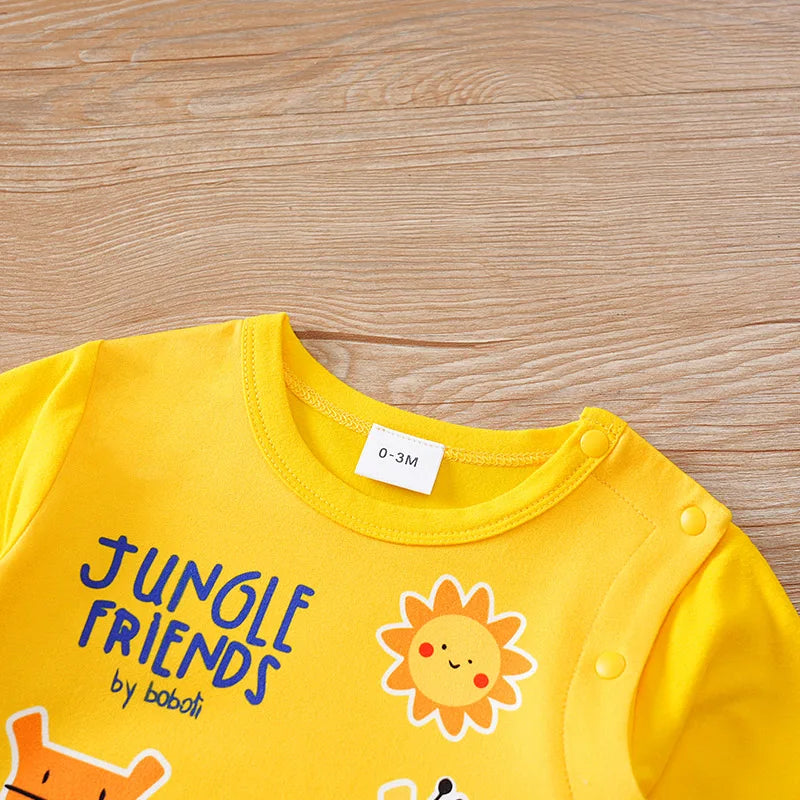 Infant yellow cute cartoon animal Print 0-12M Bodysuit Spring and Autumn comfort Long Sleeve Baby one-piece foot covered pajamas