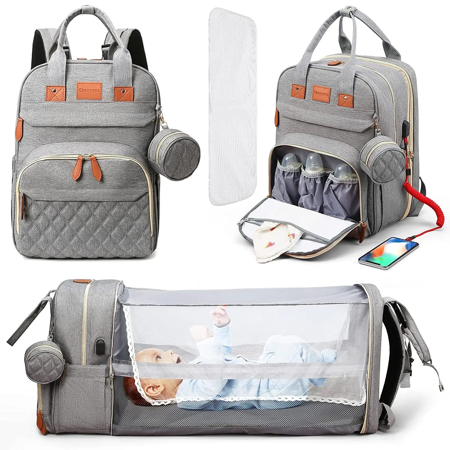 3 In 1 Diaper Bag Backpack Foldable Baby Bed Waterproof Travel Bag with USB Charge Diaper Bag Backpack with Changing Bed