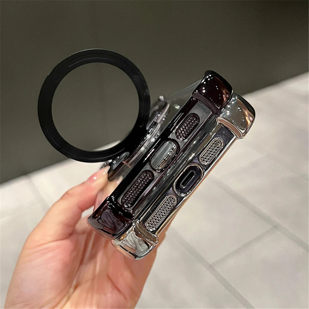 Luxury Plating Shockproof Magnetic Bracket For Magsafe Clear Case For iPhone With Holder Stand Cover