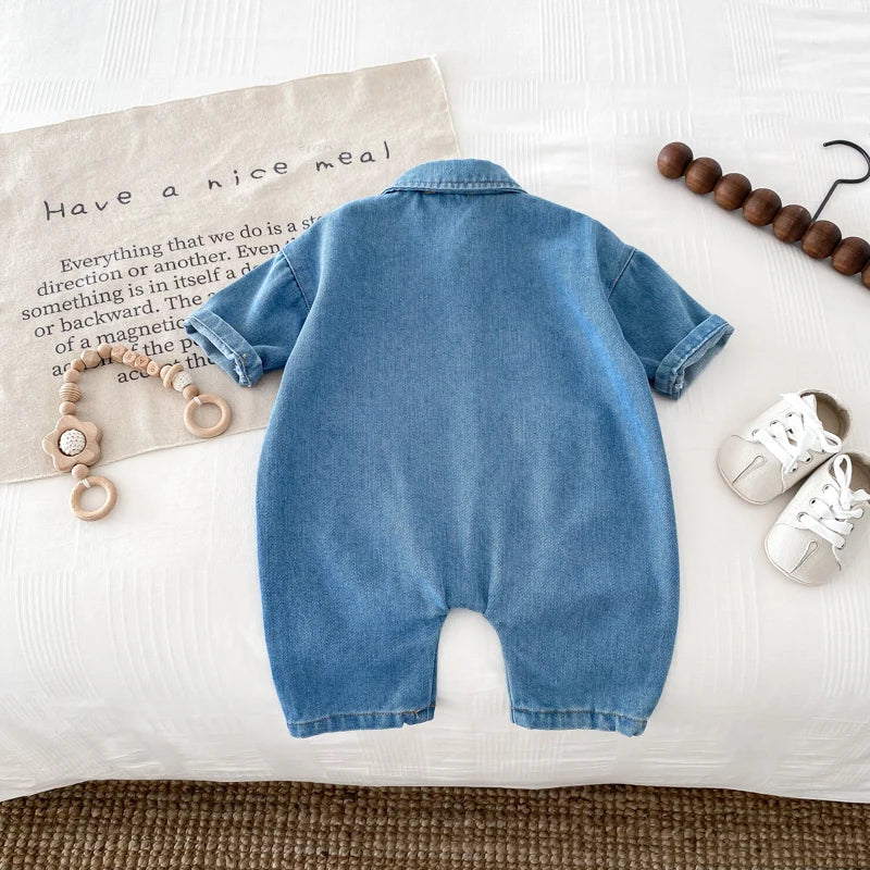 Korean Style Newborn Bodysuit Baby Jumpsuit Boy Girl Autumn Outdoors Bear Prints Denim Romper 0-2yrs