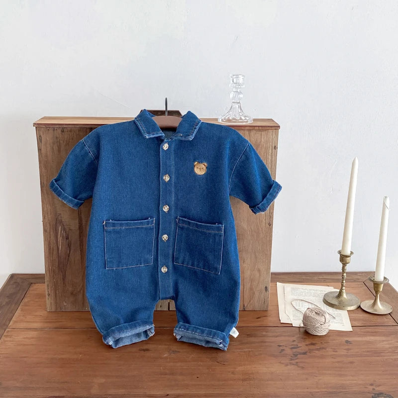 Korean Style Newborn Bodysuit Baby Jumpsuit Boy Girl Autumn Outdoors Bear Prints Denim Romper 0-2yrs