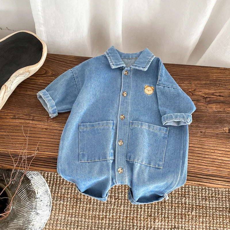 Korean Style Newborn Bodysuit Baby Jumpsuit Boy Girl Autumn Outdoors Bear Prints Denim Romper 0-2yrs