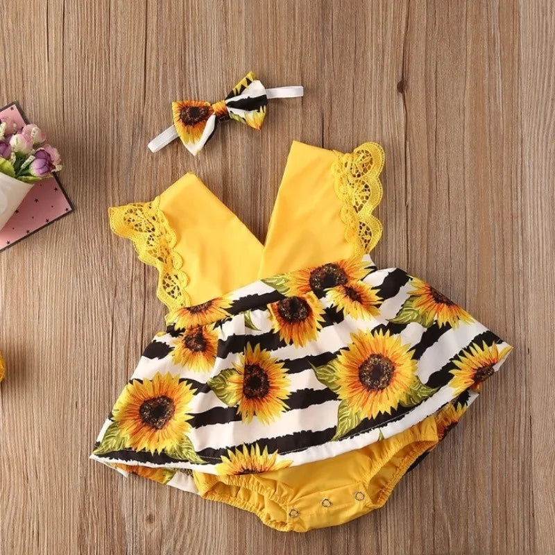 0-18Months Jumpsuit Summer Flying Floral Sleeve Romper Dress with Headband