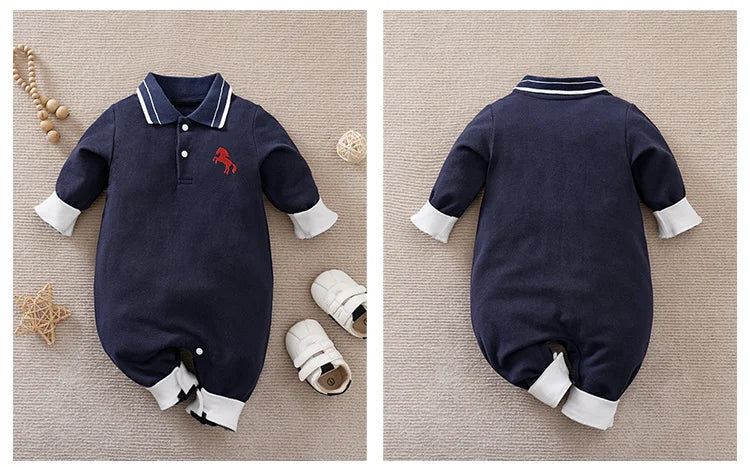 Spring And Autumn Boys And Girls' Literary Style Pony Embroidered Cotton Comfortable Long Sleeve Baby Bodysuit