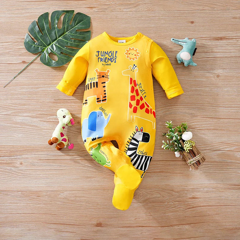 Infant yellow cute cartoon animal Print 0-12M Bodysuit Spring and Autumn comfort Long Sleeve Baby one-piece foot covered pajamas