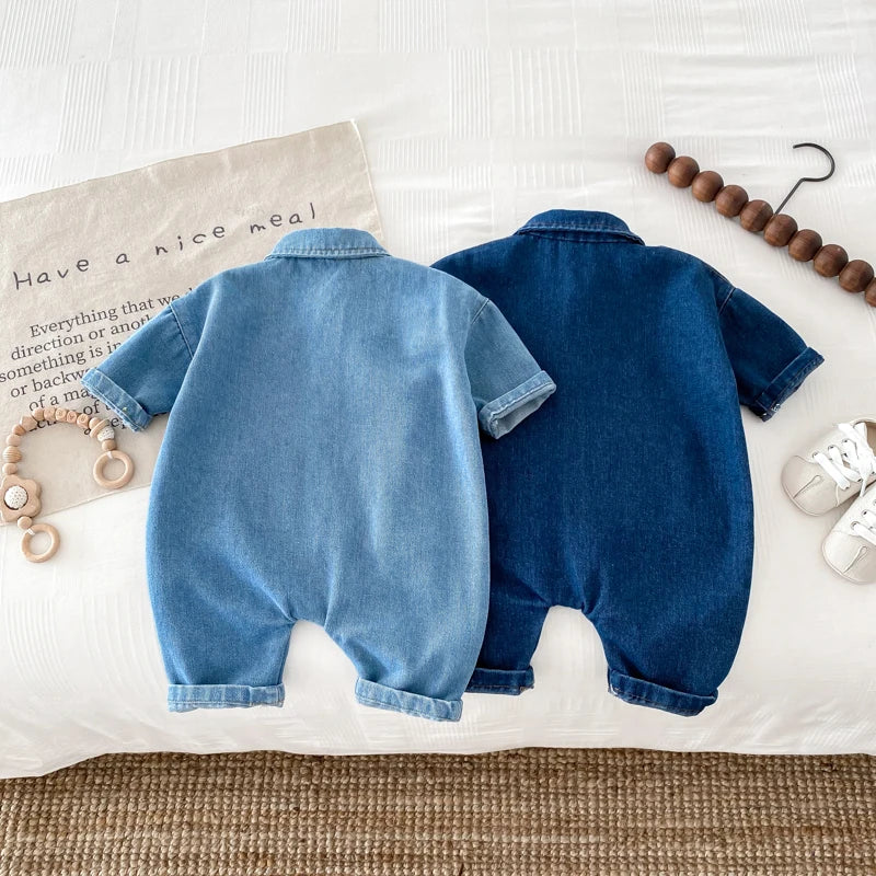 Korean Style Newborn Bodysuit Baby Jumpsuit Boy Girl Autumn Outdoors Bear Prints Denim Romper 0-2yrs