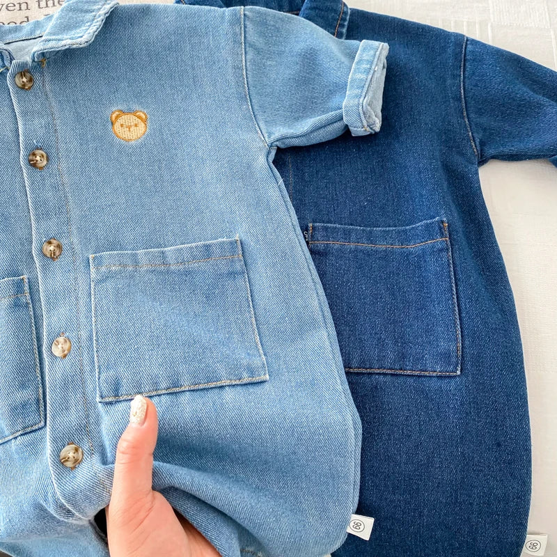 Korean Style Newborn Bodysuit Baby Jumpsuit Boy Girl Autumn Outdoors Bear Prints Denim Romper 0-2yrs