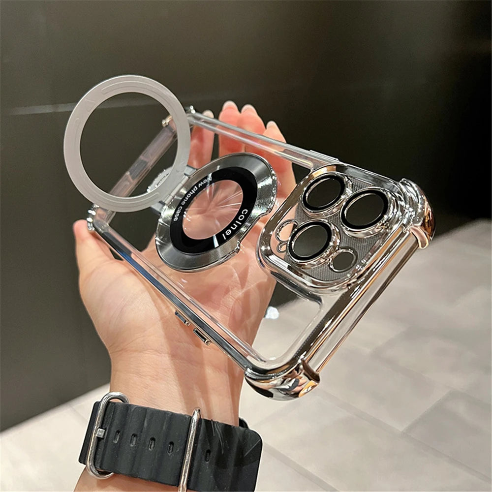 Luxury Plating Shockproof Magnetic Bracket For Magsafe Clear Case For iPhone With Holder Stand Cover