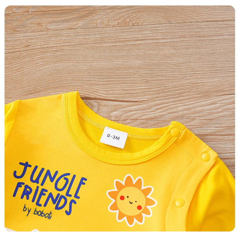 Infant yellow cute cartoon animal Print 0-12M Bodysuit Spring and Autumn comfort Long Sleeve Baby one-piece foot covered pajamas