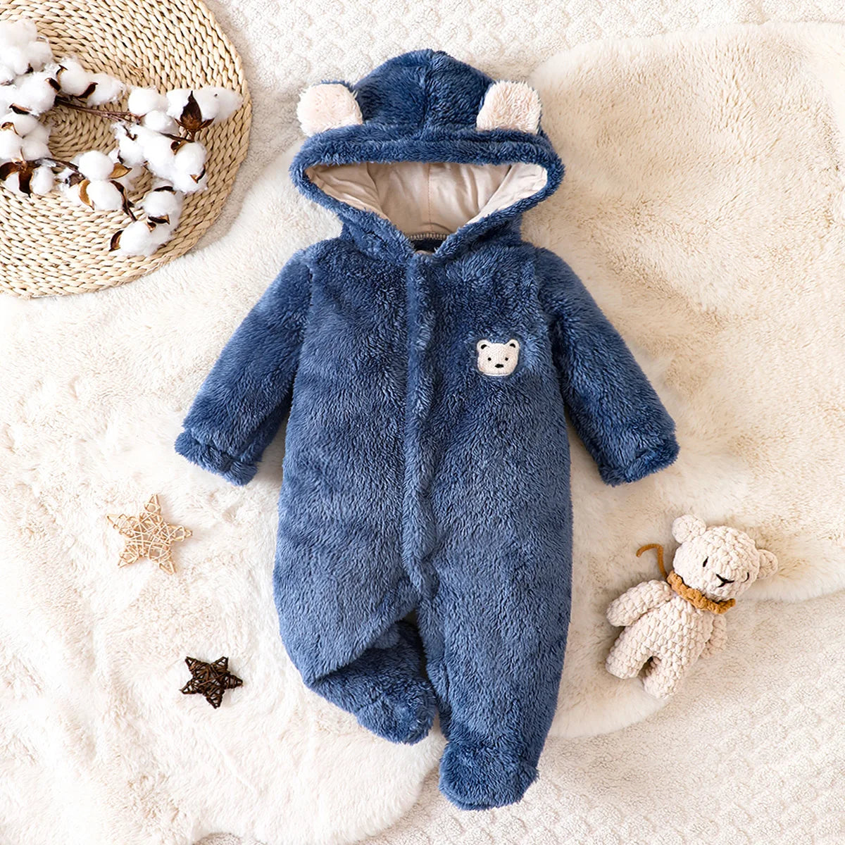 hibobi Winter Children's Cotton Jumpsuit Bear Shape Hooded Long-Sleeved Plush Romper Suitable For Children Under One Year Old