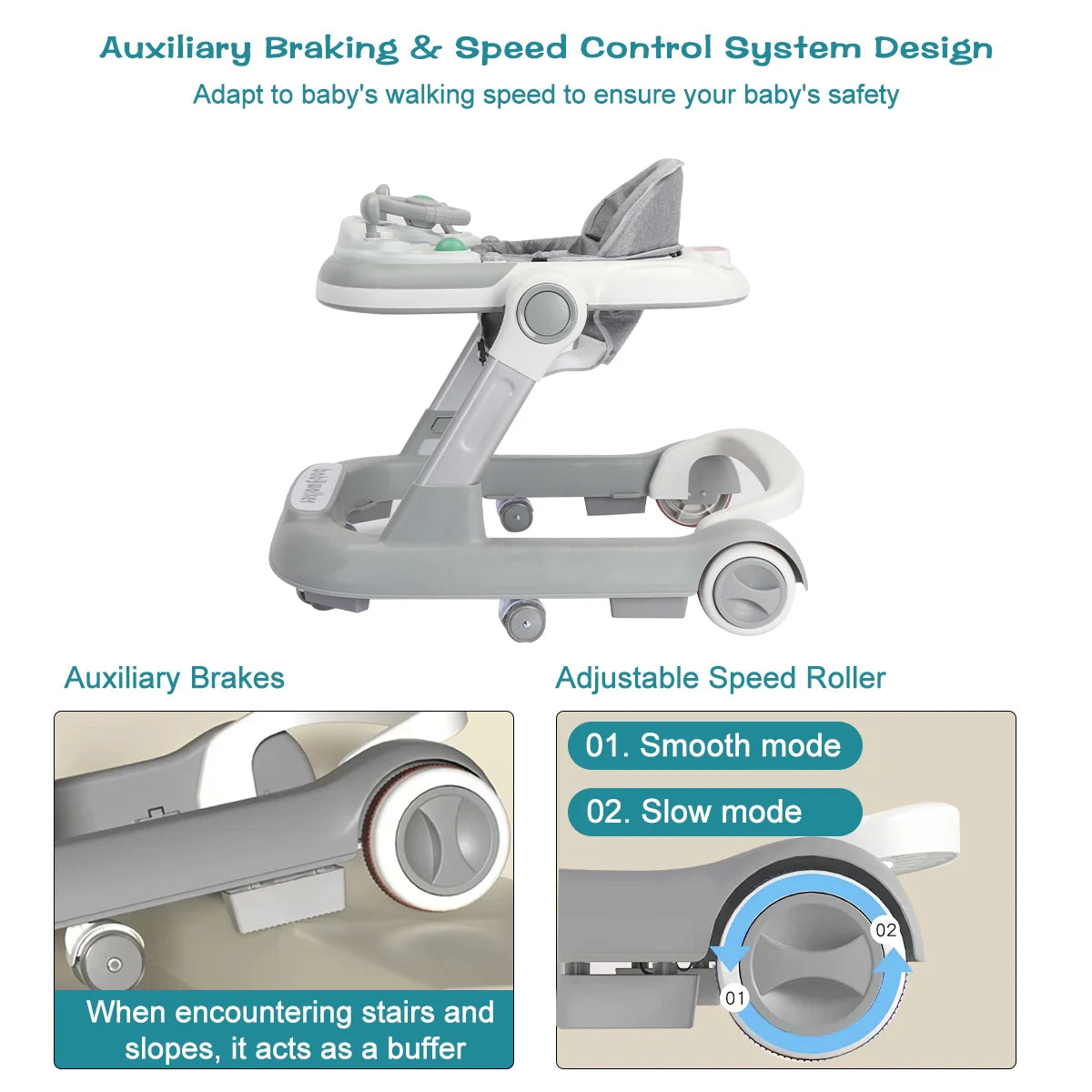 Foldable Baby Activity Walker, Push Walker with Removable Feeding Tray and Music Tray(without batteries) for 6 Months & Up Baby