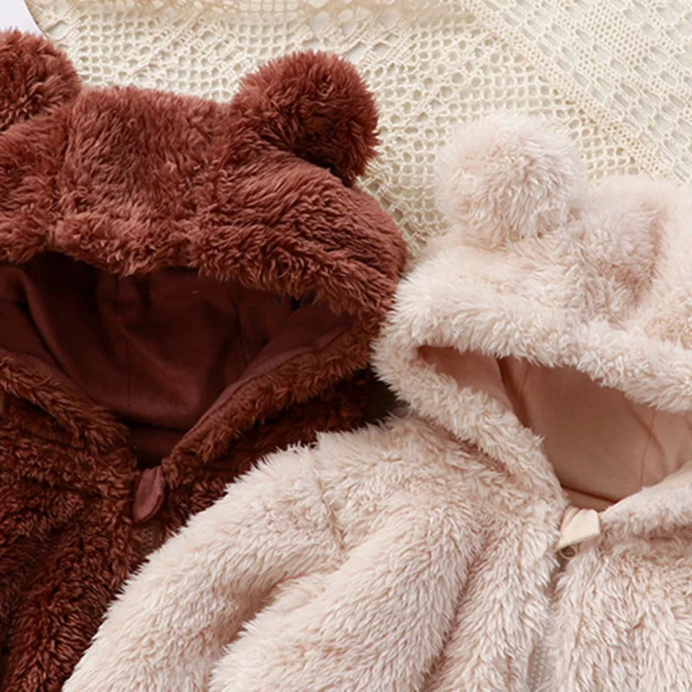 Winter Baby Rompers Girls Solid Fleece Warm Soft Bear Ear Jumpsuit Infant Hooded Long Sleeve Skin-Friendly Rompers Baby Clothes