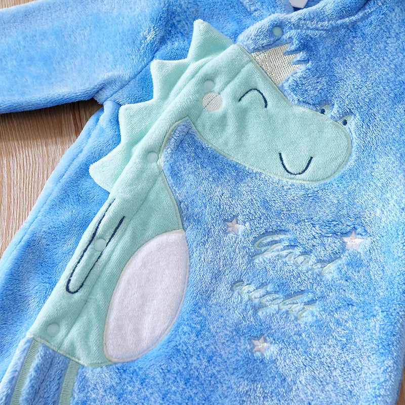 Newborn baby jumpsuit Autumn and Winter Flannel Blue Dinosaur Embroidered Legged Foot hugging baby clothes Unisex 0-18 months
