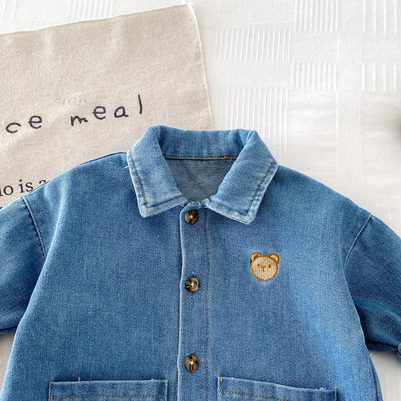 Korean Style Newborn Bodysuit Baby Jumpsuit Boy Girl Autumn Outdoors Bear Prints Denim Romper 0-2yrs