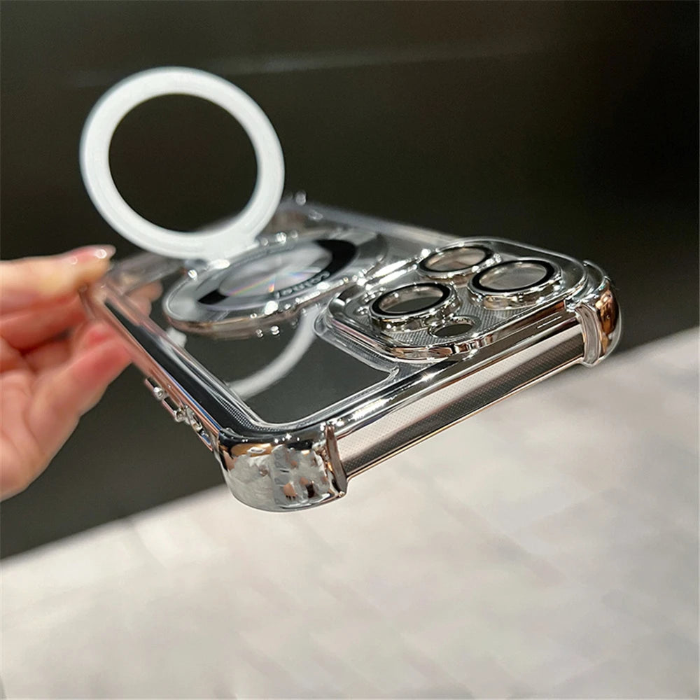 Luxury Plating Shockproof Magnetic Bracket For Magsafe Clear Case For iPhone With Holder Stand Cover