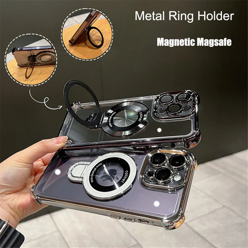 Luxury Plating Shockproof Magnetic Bracket For Magsafe Clear Case For iPhone With Holder Stand Cover