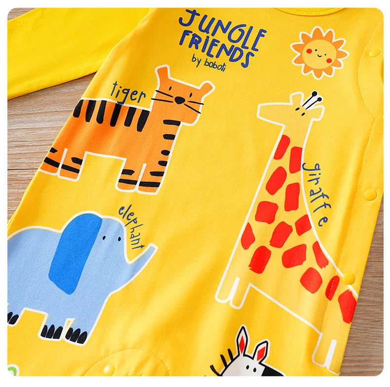 Infant yellow cute cartoon animal Print 0-12M Bodysuit Spring and Autumn comfort Long Sleeve Baby one-piece foot covered pajamas