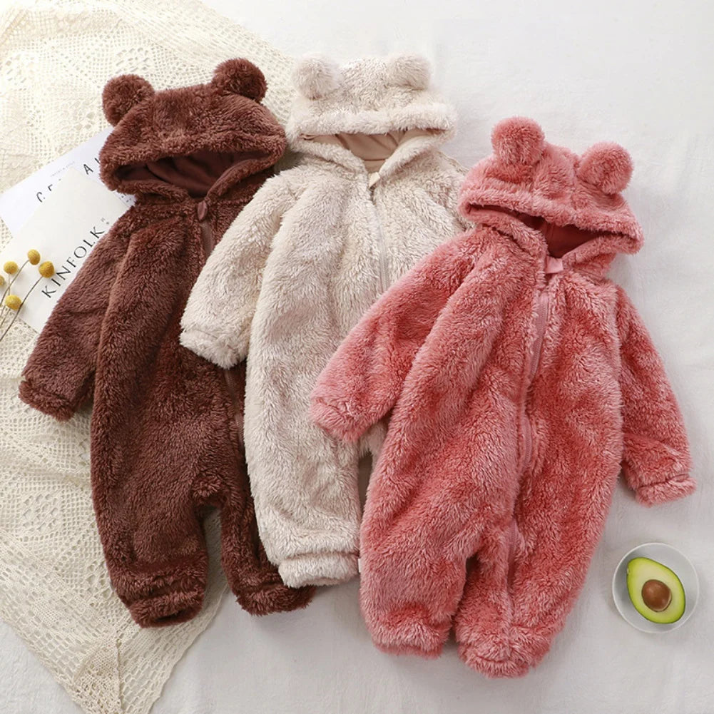 Winter Baby Rompers Girls Solid Fleece Warm Soft Bear Ear Jumpsuit Infant Hooded Long Sleeve Skin-Friendly Rompers Baby Clothes