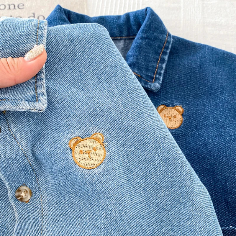 Korean Style Newborn Bodysuit Baby Jumpsuit Boy Girl Autumn Outdoors Bear Prints Denim Romper 0-2yrs