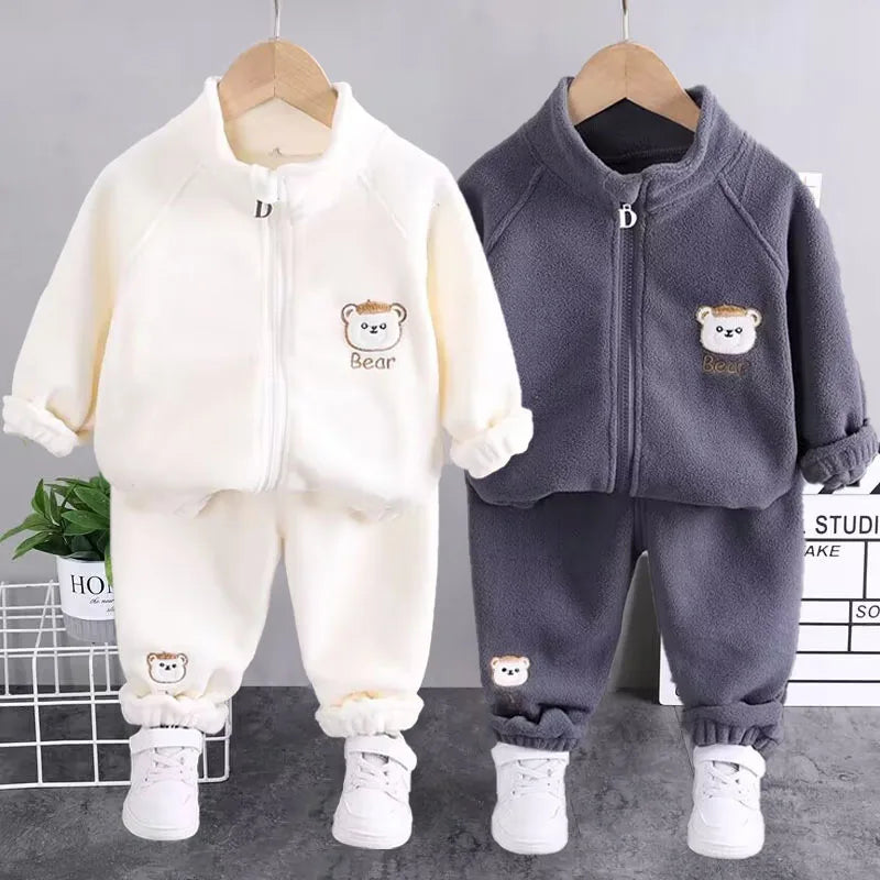 2024 new winter girls plush set for boys casual sports two-piece set for baby toddler outdoor clothing sets