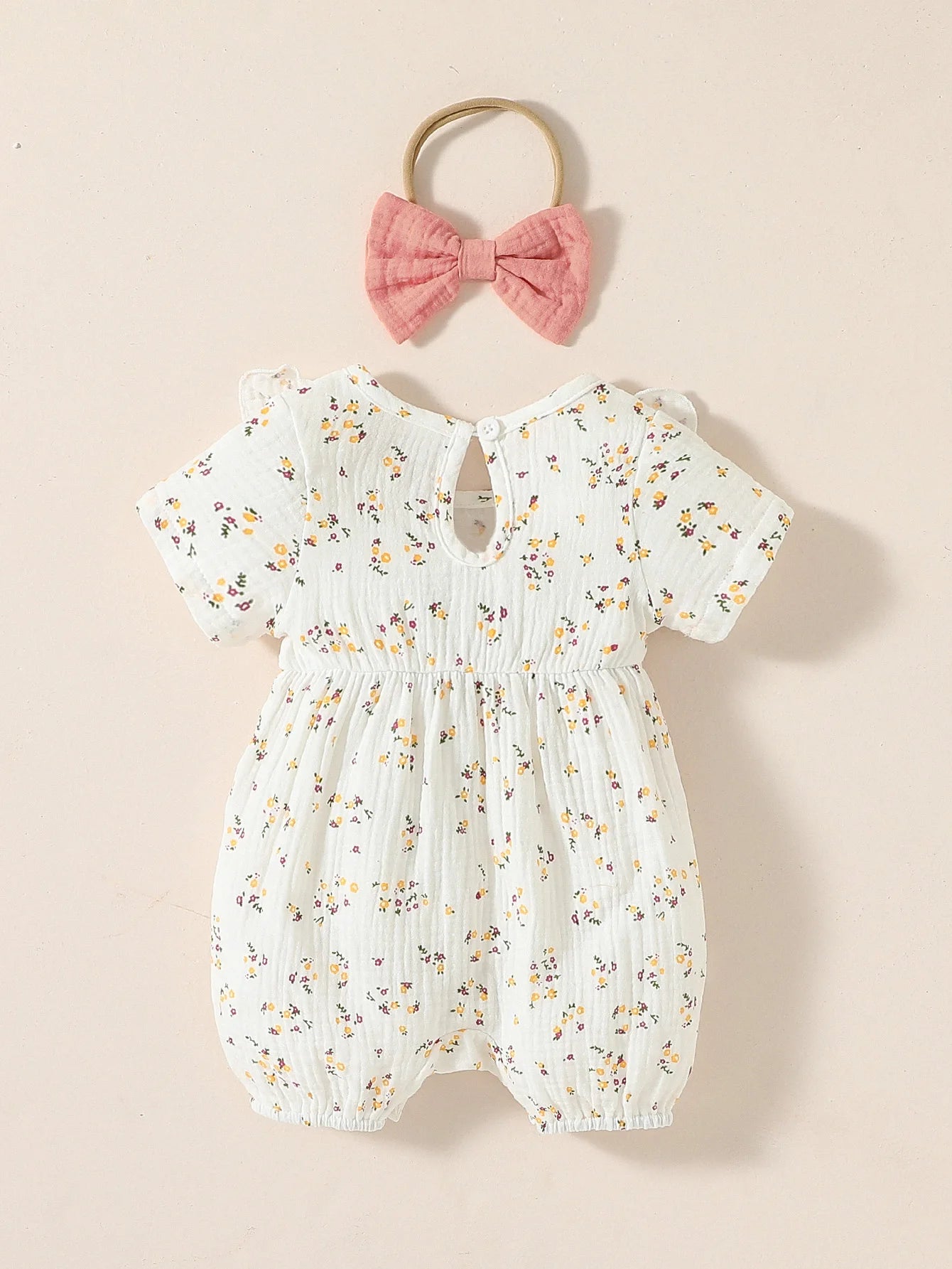 Baby Newborn-9M Short Sleeve Summer 2024 Girl's Print HEART With Bow Jumpsuit Streetwear+Headband