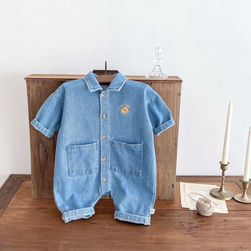 Korean Style Newborn Bodysuit Baby Jumpsuit Boy Girl Autumn Outdoors Bear Prints Denim Romper 0-2yrs