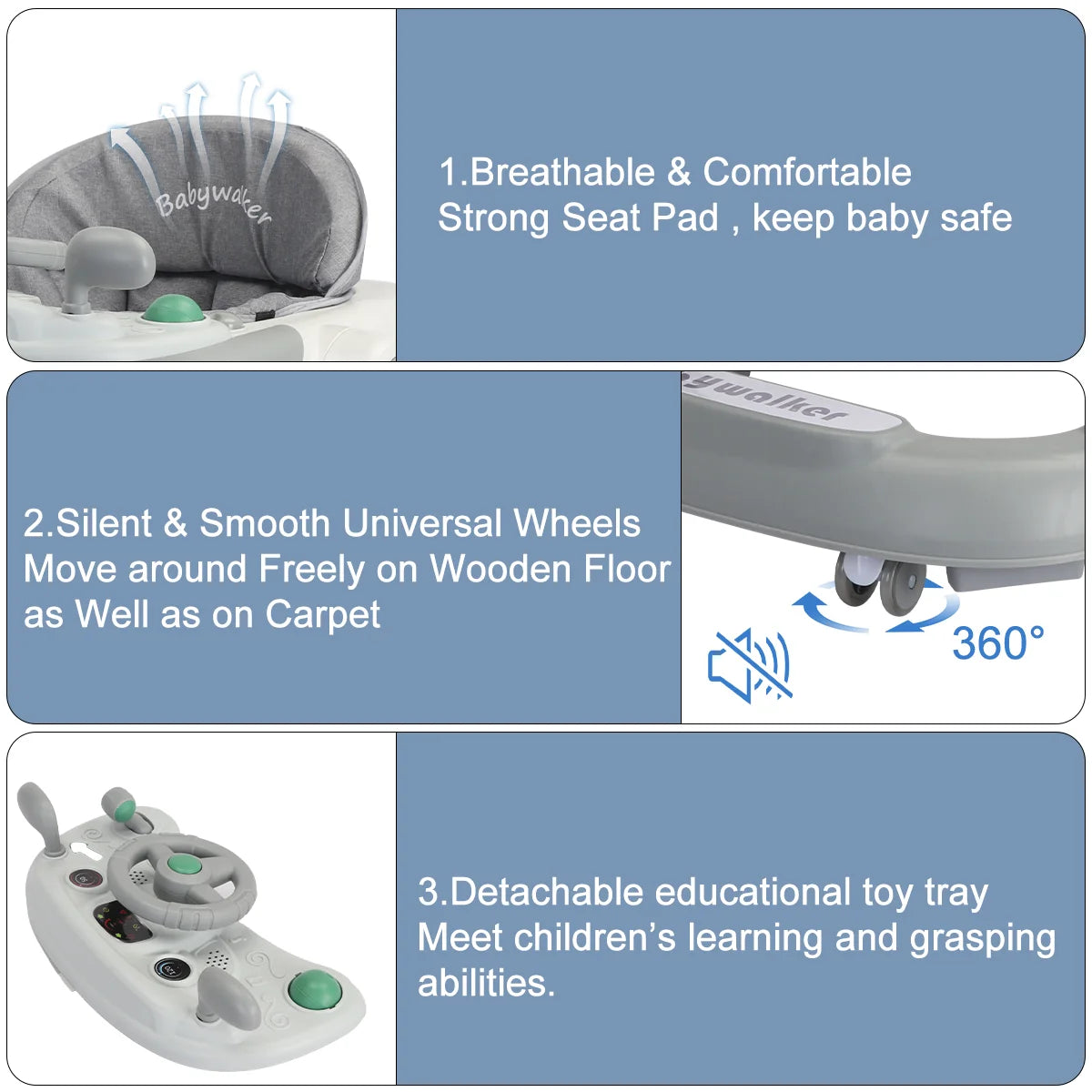 Foldable Baby Activity Walker, Push Walker with Removable Feeding Tray and Music Tray(without batteries) for 6 Months & Up Baby
