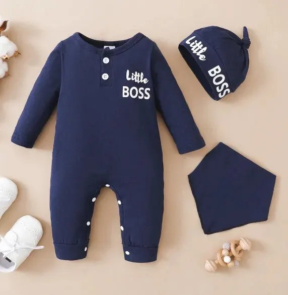 0-12 Months Baby Boy Bodysuit Romper Long Sleeves Jumpsuit+Hat