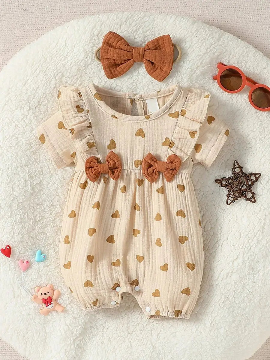 Baby Newborn-9M Short Sleeve Summer 2024 Girl's Print HEART With Bow Jumpsuit Streetwear+Headband