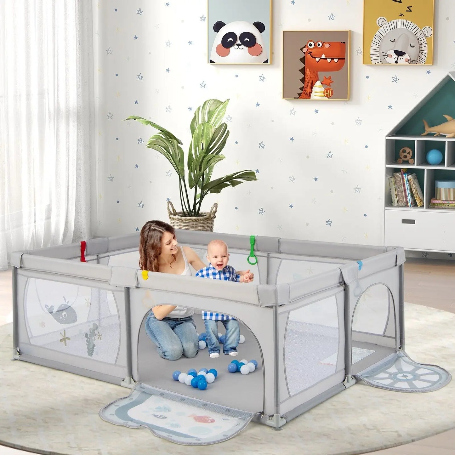 DORTALA Large Baby Playpen Kids Activity Center w/ 50 PCS Ocean Balls Infant Safety Gate