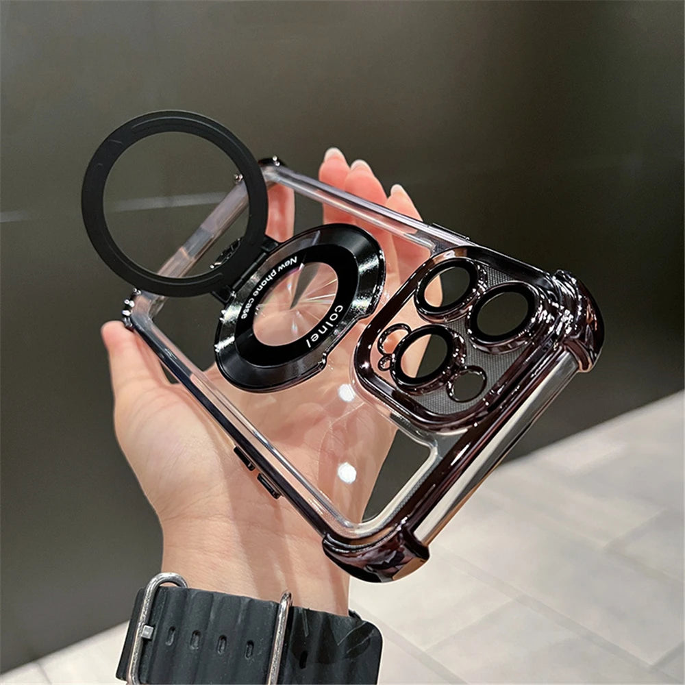 Luxury Plating Shockproof Magnetic Bracket For Magsafe Clear Case For iPhone With Holder Stand Cover