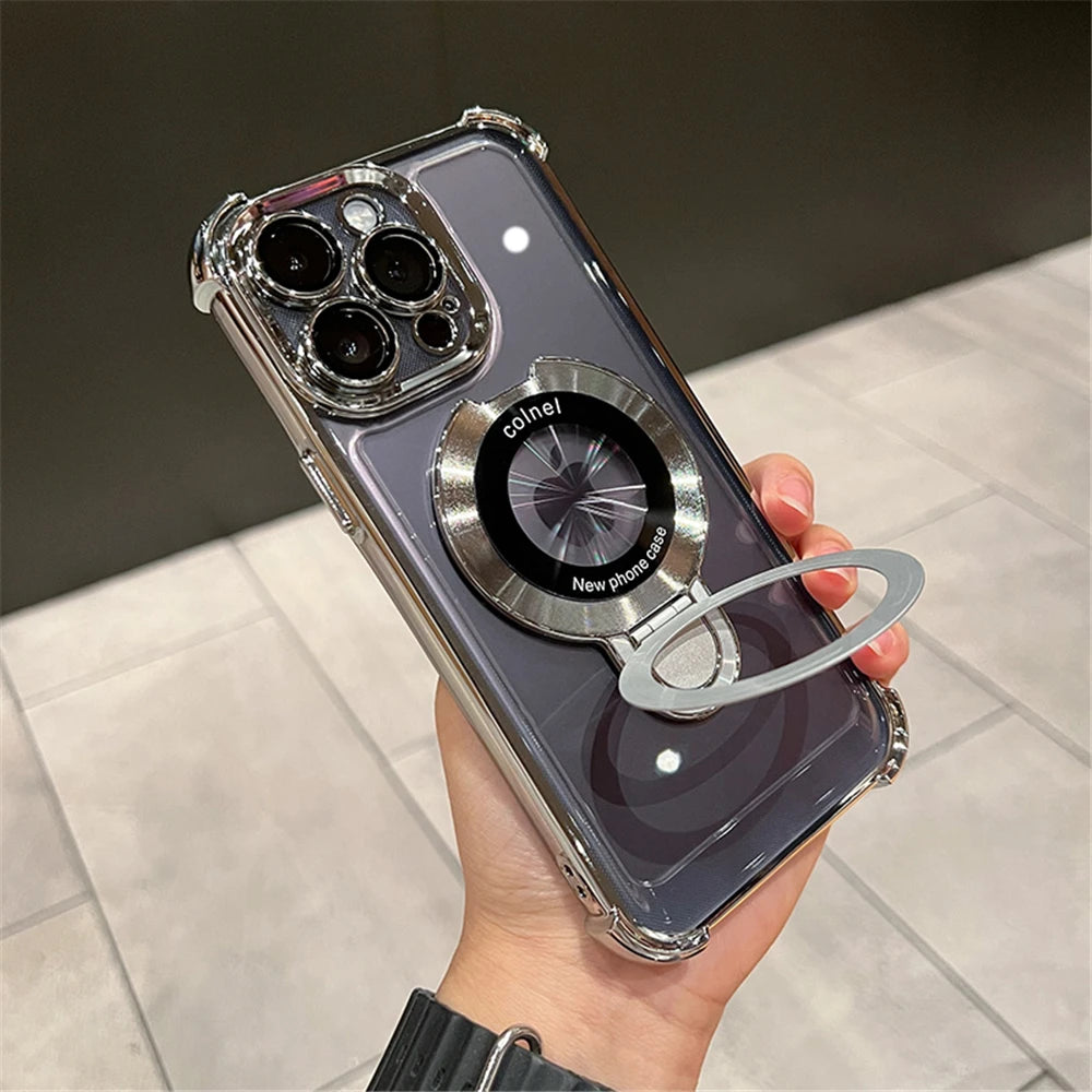 Luxury Plating Shockproof Magnetic Bracket For Magsafe Clear Case For iPhone With Holder Stand Cover