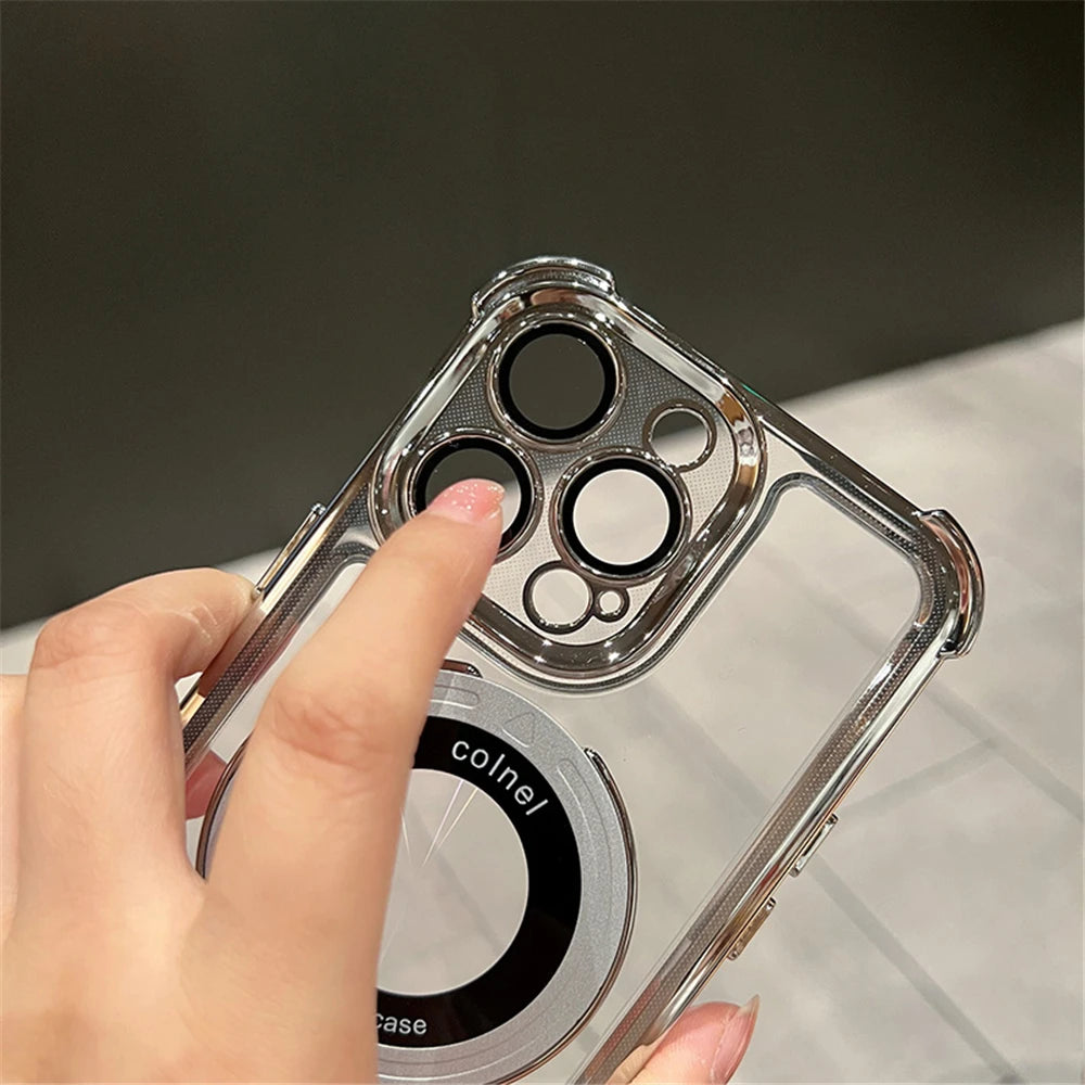 Luxury Plating Shockproof Magnetic Bracket For Magsafe Clear Case For iPhone With Holder Stand Cover