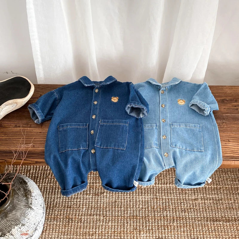 Korean Style Newborn Bodysuit Baby Jumpsuit Boy Girl Autumn Outdoors Bear Prints Denim Romper 0-2yrs