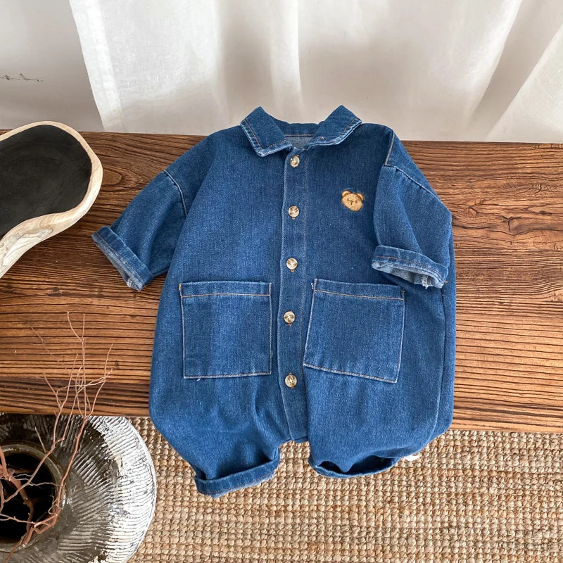 Korean Style Newborn Bodysuit Baby Jumpsuit Boy Girl Autumn Outdoors Bear Prints Denim Romper 0-2yrs