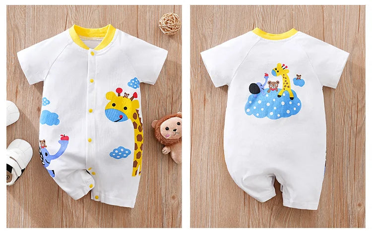 Summer Boys and Girls Cute Cartoon Animal Print All Cotton Casual Comfortable Short Sleeve Baby Clothing Bodysuit