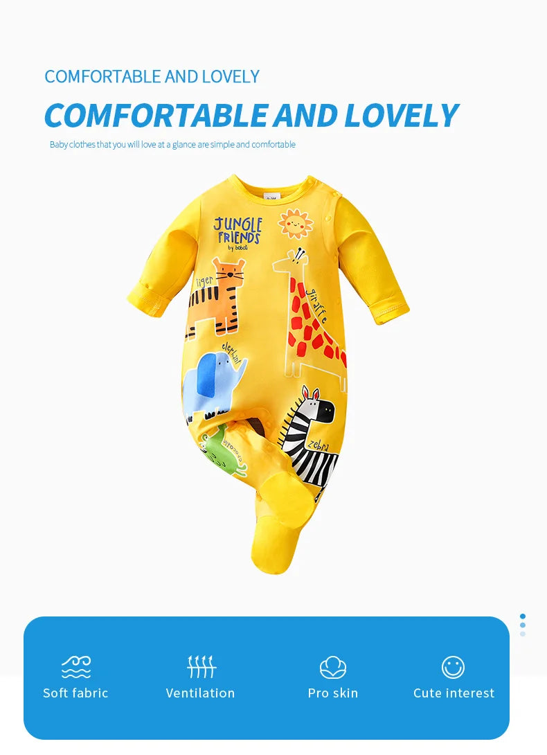 Infant yellow cute cartoon animal Print 0-12M Bodysuit Spring and Autumn comfort Long Sleeve Baby one-piece foot covered pajamas