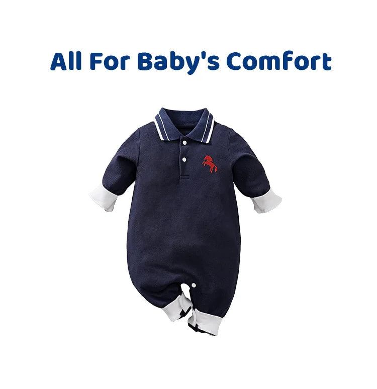 Spring And Autumn Boys And Girls' Literary Style Pony Embroidered Cotton Comfortable Long Sleeve Baby Bodysuit