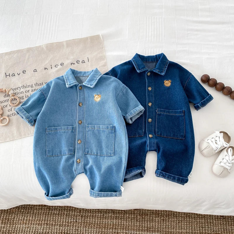 Korean Style Newborn Bodysuit Baby Jumpsuit Boy Girl Autumn Outdoors Bear Prints Denim Romper 0-2yrs