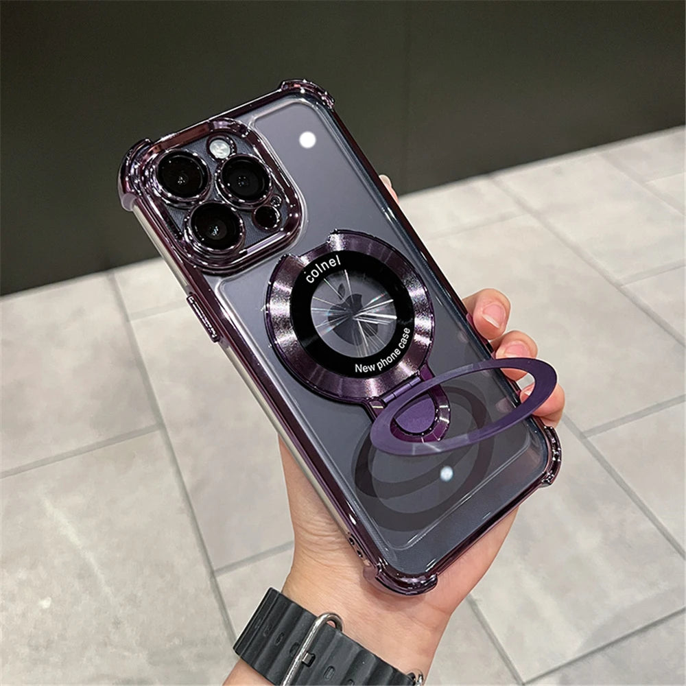 Luxury Plating Shockproof Magnetic Bracket For Magsafe Clear Case For iPhone With Holder Stand Cover